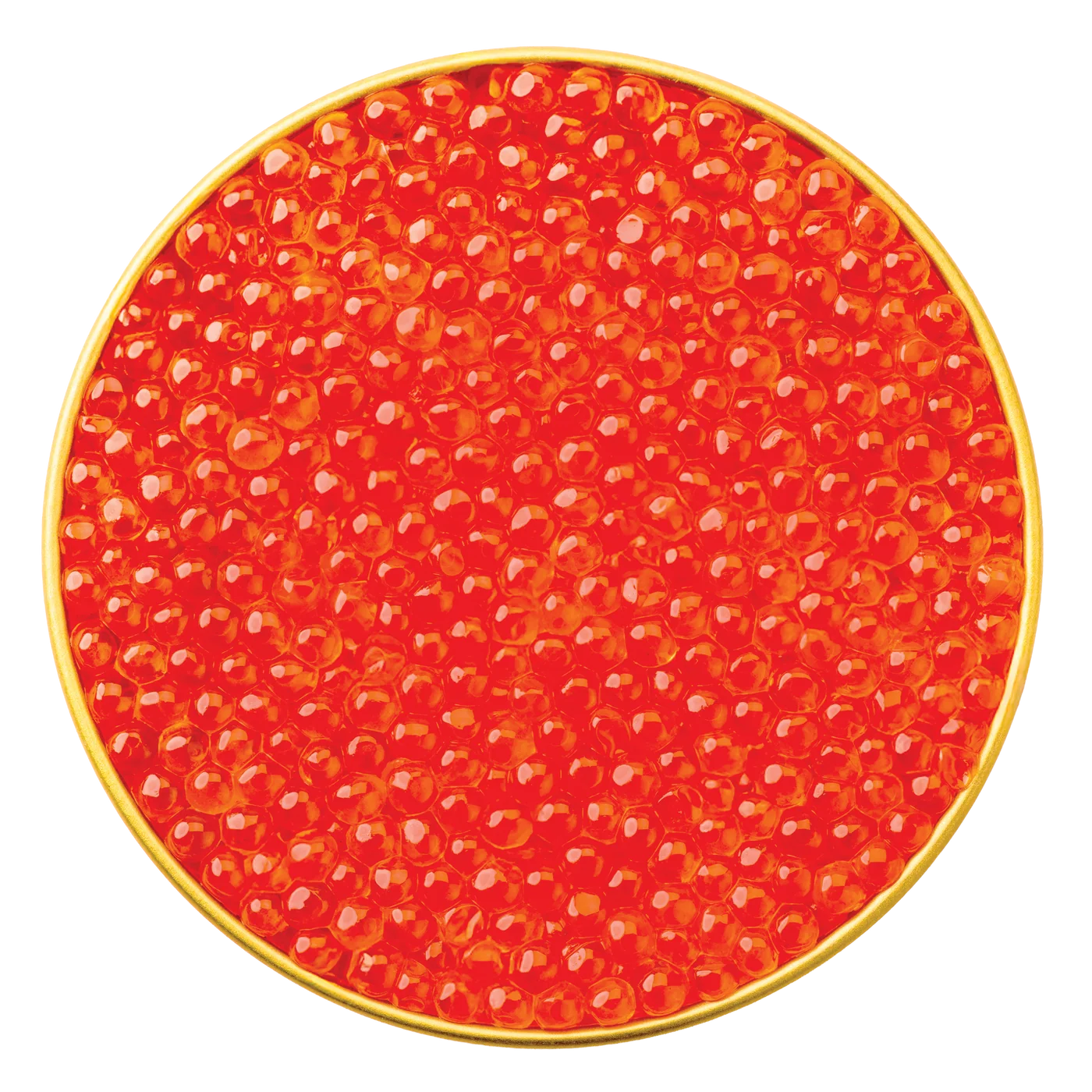 An open tin of pink roe photographed from above.